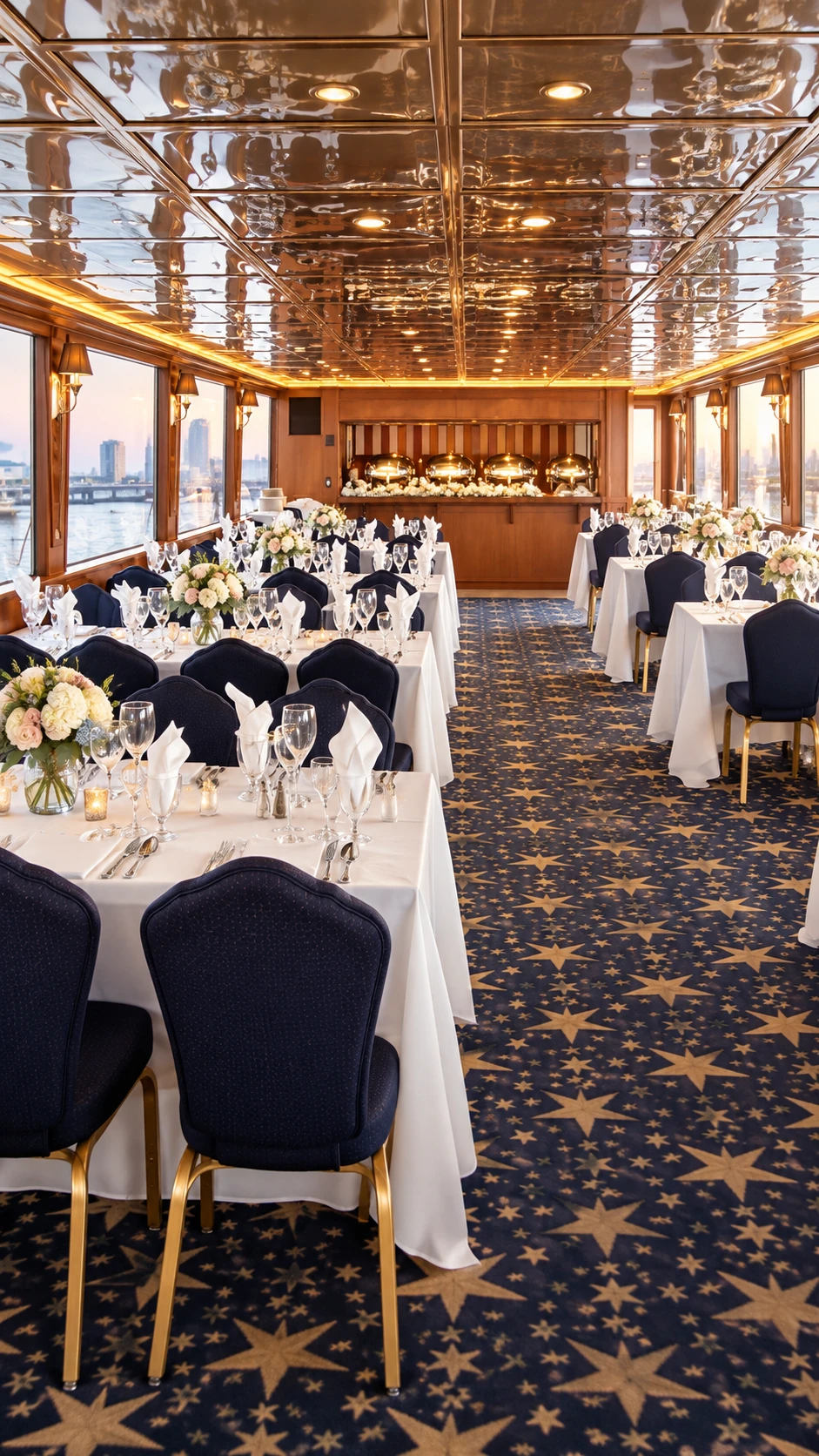 Salón interior del barco con mesas y buffet